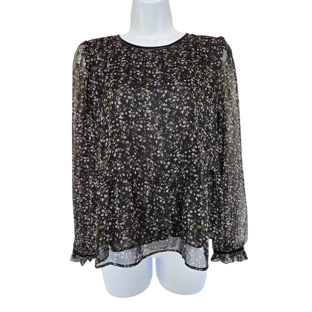 LOFT Black Pink Floral Chiffon Peplum Blouse Sz S Romantic Cottage Whimsigoth